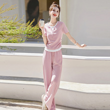 粉色休闲运动套装女2024夏季新款时尚洋气减龄卫衣阔腿长裤两件套