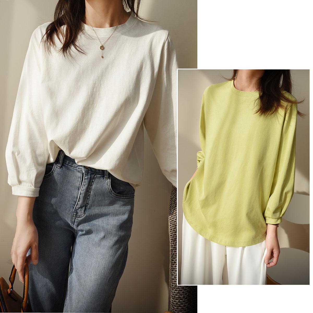 泡泡袖纯棉t恤 女士圆领打底衫 基础百搭七分袖上衣春季新款女装