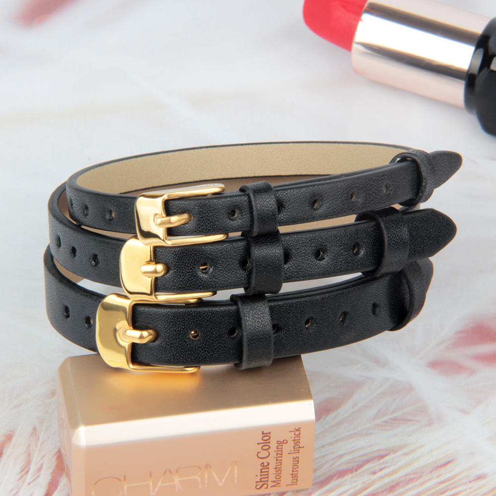 3d硬金黄金珠宝穿孔皮手带6 8 10 毫米宽不锈钢金色扣皮手链