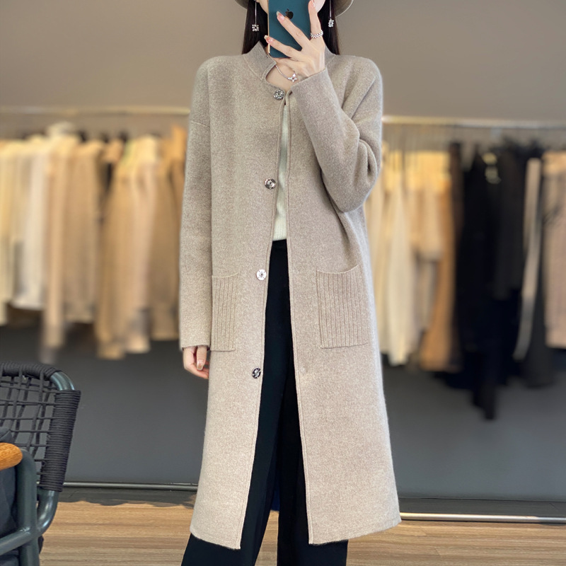 秋冬新款羊绒开衫女翻领纯色长款两面穿毛衣大衣针织百搭羊毛外套