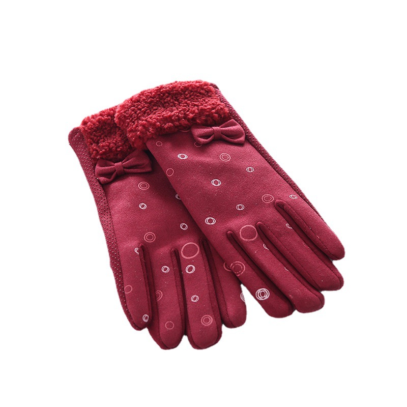 Colorful Printed Gloves Women's Suede Finger Gloves Bowknot Decorative Cloth Gloves Fleece Lined Winter Gloves