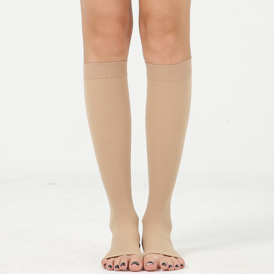 夏薄中筒压力袜露趾弹力袜 防静脉护小腿袜子肤色防曲张袜套腿套
