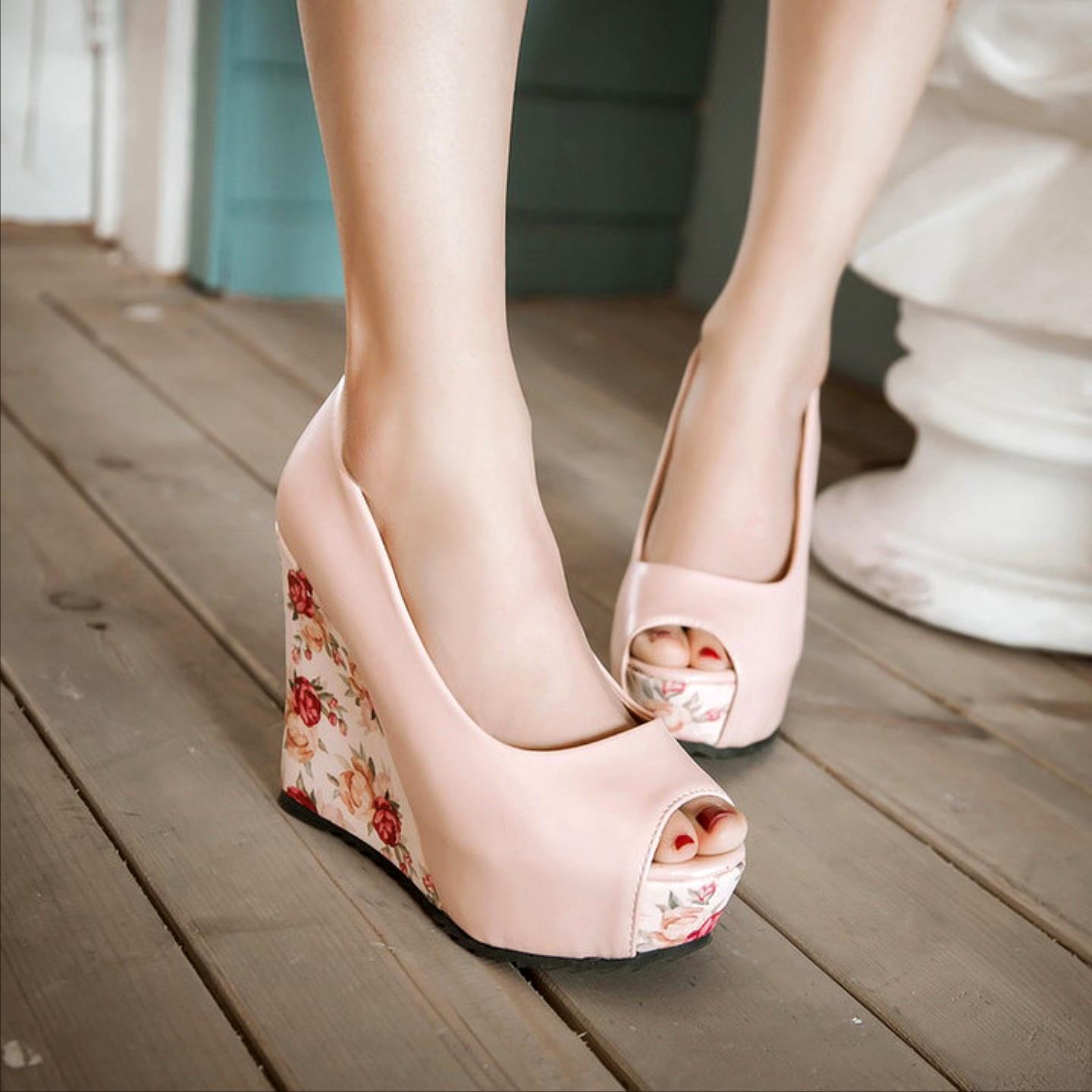 春夏韩版女鞋时尚大码坡跟鞋公主鞋鱼嘴凉鞋浅口单鞋超高跟鞋