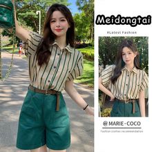 韩版休闲风夏季穿搭套装女2023新款条纹衬衫绿色短裤子时尚两件套