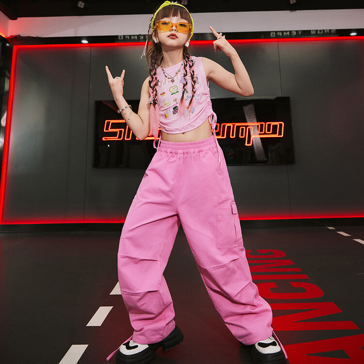 儿童爵士舞服粉色套装女童街舞潮服hiphop演出服嘻哈jazz千禧辣妹