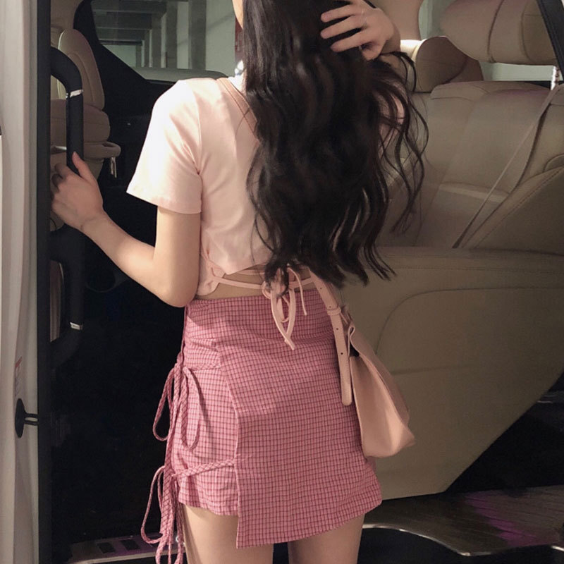 seoul粉粉设计感小套装~bm少女风后背绑带短t恤 系带小格子短裙女