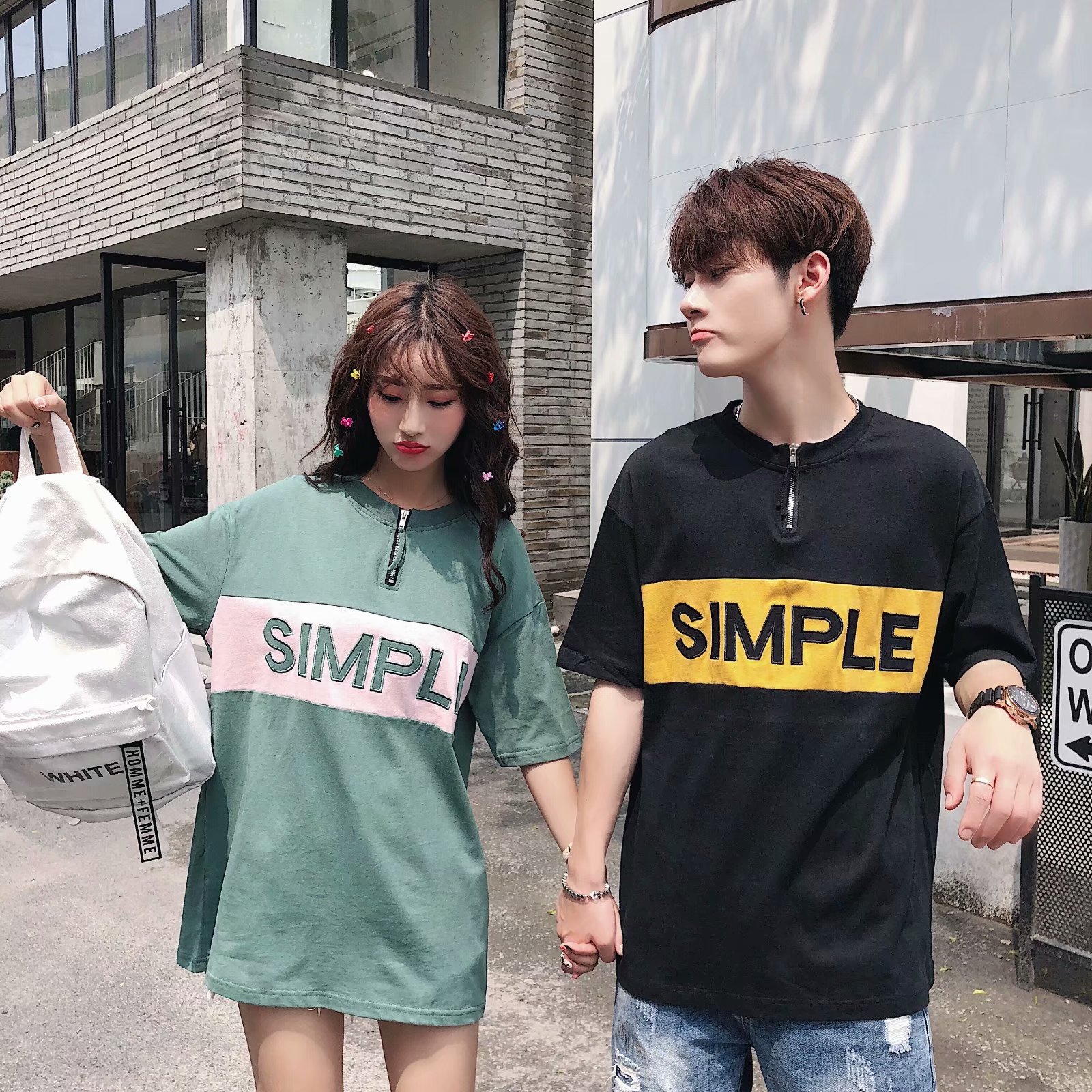 男生简约半链百搭短袖t恤秀恩爱情侣装学生女青年男情人旅行服
