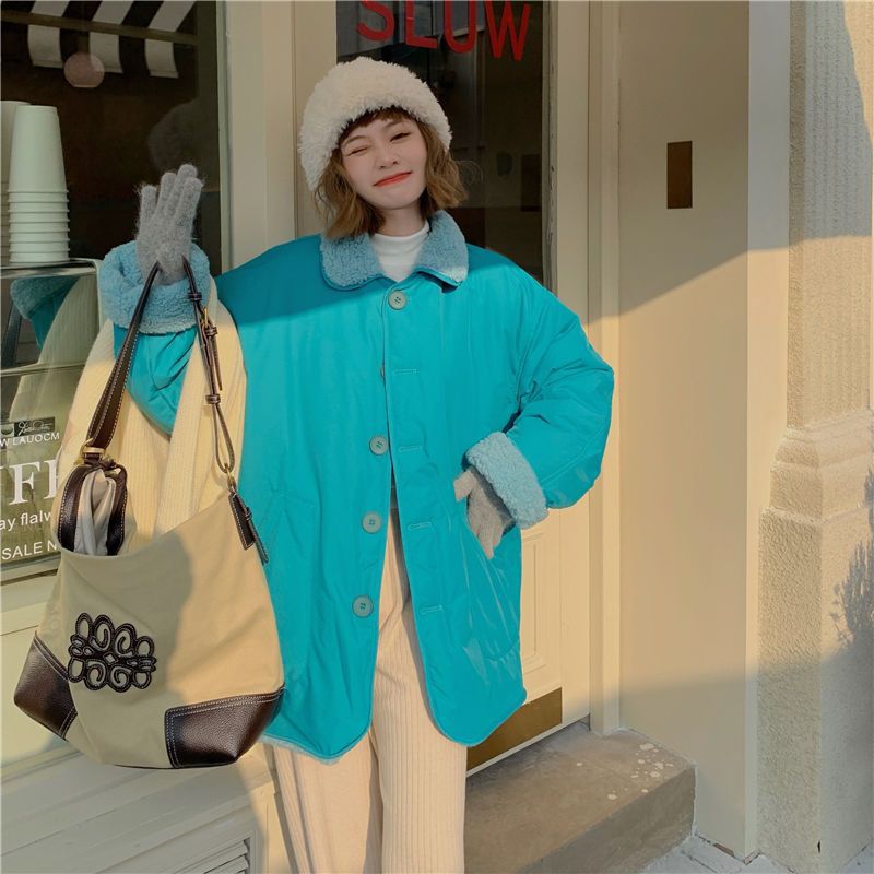 韩版新款两面穿羊羔毛加厚棉服外套女学生冬季慵懒风甜美显瘦上衣