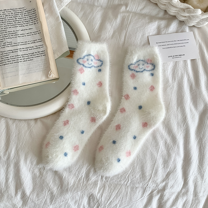 Cute Home Sleeping Socks Cloud Mink Fur Thickened Fleece-lined Tube Socks Warm Winter Socks Factory Wholesale