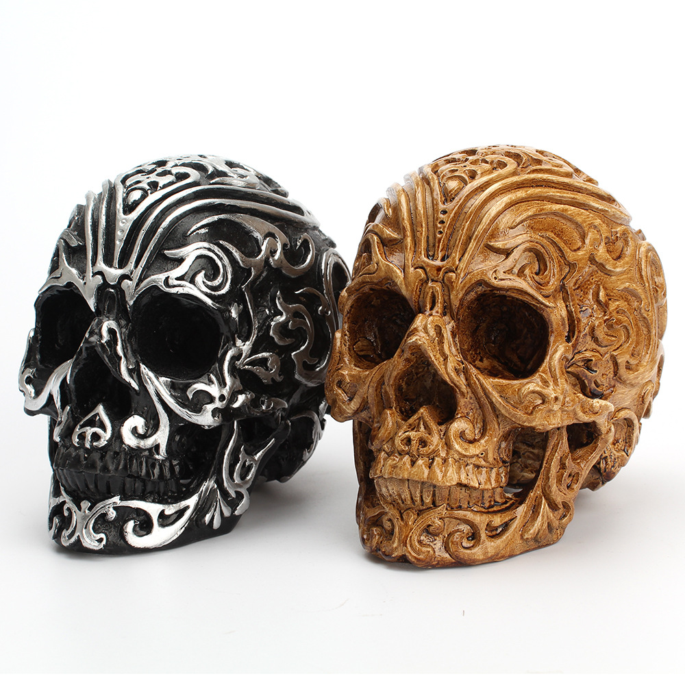 创意祥云雕花骷髅头摆件树脂花纹鬼头摆设样板间主题酒吧布置道具