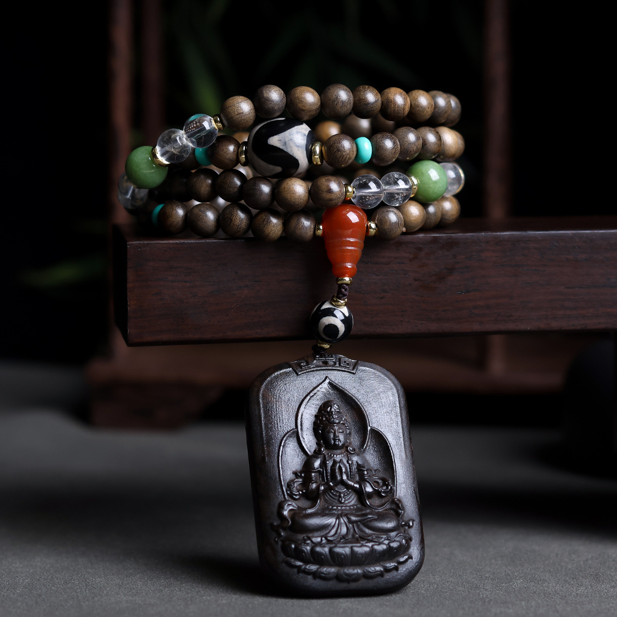 沉香木观音无事牌手工编织项链虎牙天珠天然白水晶配件饰品批发女