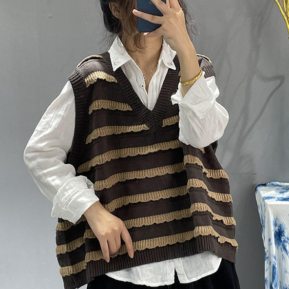 韩系针织马甲毛衣背心女文艺复古条纹拼色v领外搭坎肩叠穿马夹春