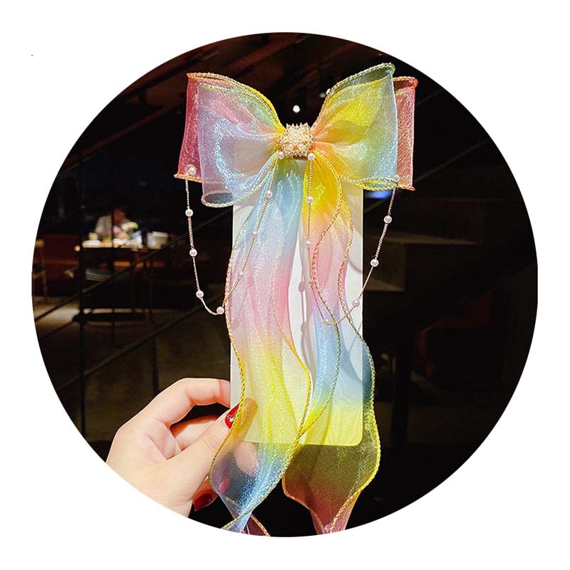 蝴蝶结编发发夹网红小女孩珍珠链条流苏发卡韩国公主绑发飘带发饰