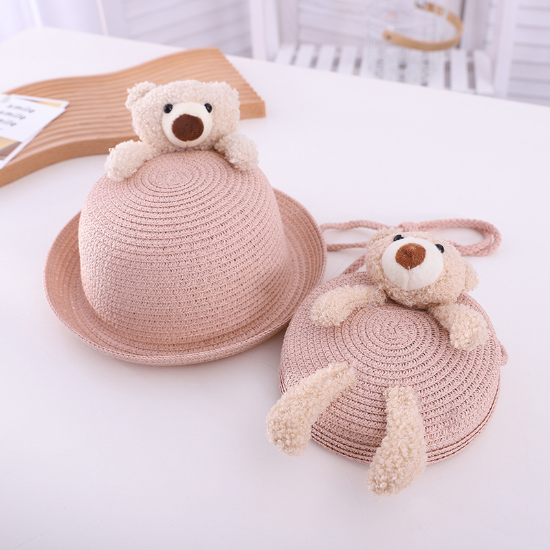 Spring and Summer New Children's Bags Straw Hat Set Dome Small Flip Hat Clothes Accessories Sun-Proof Breathable Straw Woven round Bag