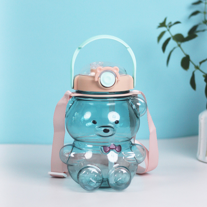 Summer Cute Straw Double Drink Big Belly Cup Student Super Cute Bear Cup Girl Child's Plastic Water Cup Wholesale