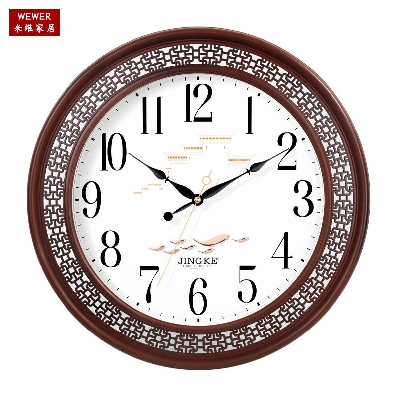 Kangtian Jingke Mute Scanning round Carved Vintage New Chinese Wall Clock Factory Direct Sales Foreign Trade