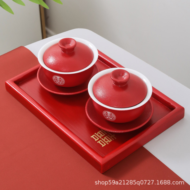 Marriage Dowry Bowl Red Bowl-to-Bowl Chopsticks Modified Tea Ceremony Wine Glass Festival Red Cup Tea Set Tray Set Gift Wedding Supplies