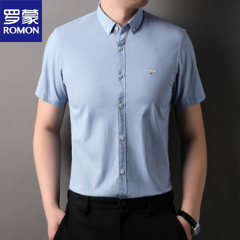 罗蒙夏季男士梭织衬衫短袖衬衣纯色休闲短衬衫翻领中年衬衫-阿里巴巴
