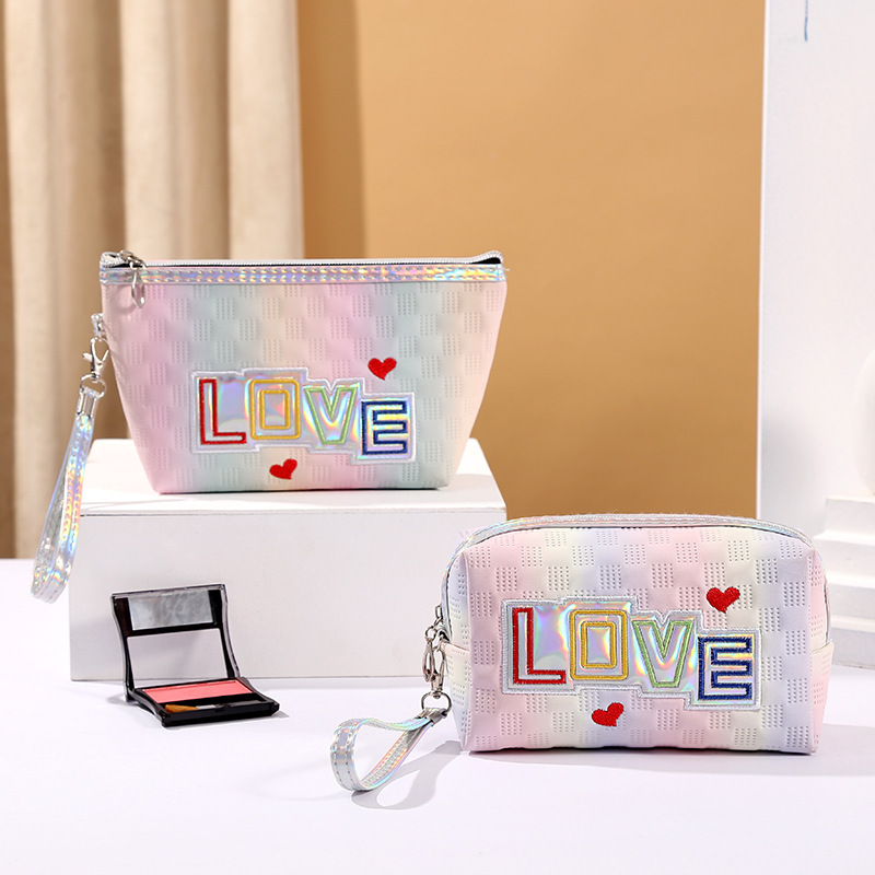 Laser Cute Cosmetics Buggy Bag Love Student Pencil Case Portable Travel Pu Large Capacity Zipper Bag