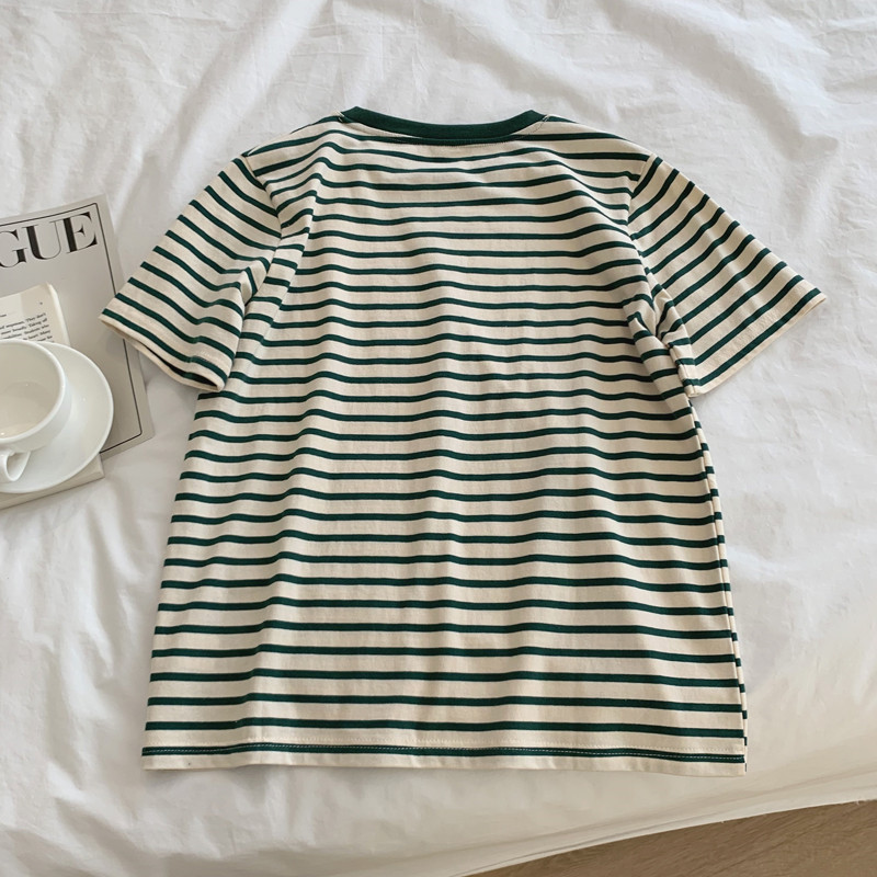 White Retro Green Striped Short-Sleeved T-shirt Women's Loose Slimming Cotton All-Match Bottoming Shirt Top Student Summer
