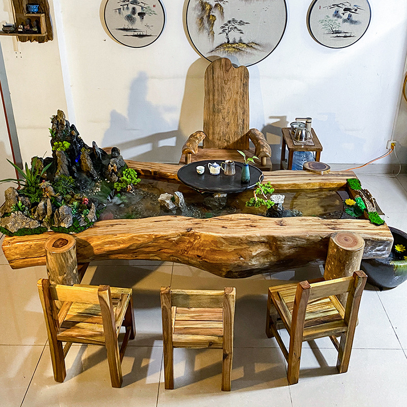 香樟木高山流水茶台循环养鱼新中式禅意茶桌景观一体茶室流水席桌