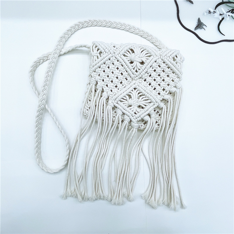 Hollow Tassel Woven Bag Fashion Bohemian Style All-Match Women's Handbag Solid Color Simple Crossbody Shoulder Bag