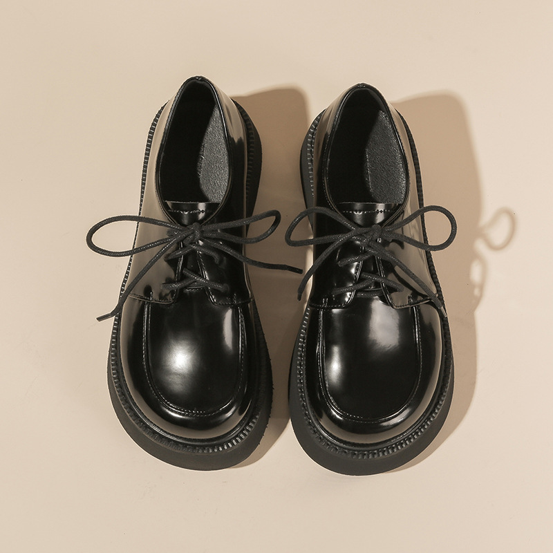 日系学院风复古大头鞋女系带圆头厚底德比鞋森系黑色jk小皮鞋单鞋
