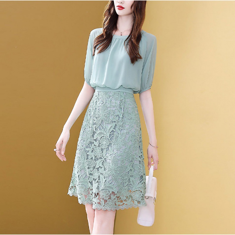 气质减龄拼接雪纺连衣裙女2020新款流行夏天裙子收腰显瘦
