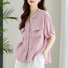 厂家直销粉紫色V领冰丝短袖衬衫女夏季新款宽松气质通勤薄款上衣