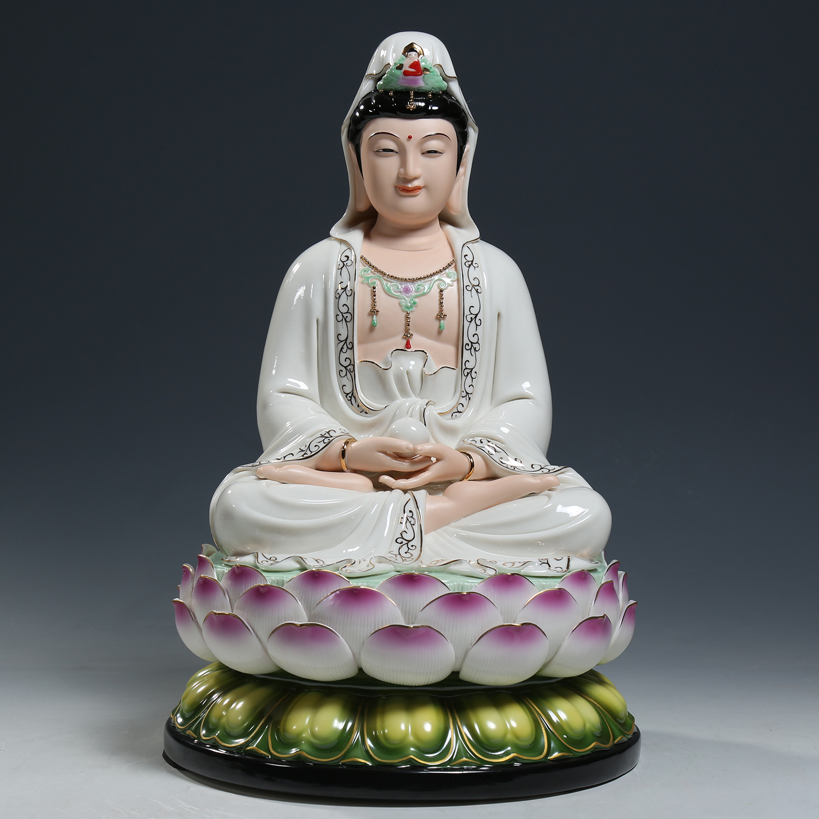 【上美】陶瓷16寸坐莲抱珠观世音菩萨观音佛像佛堂工艺品桌面摆件