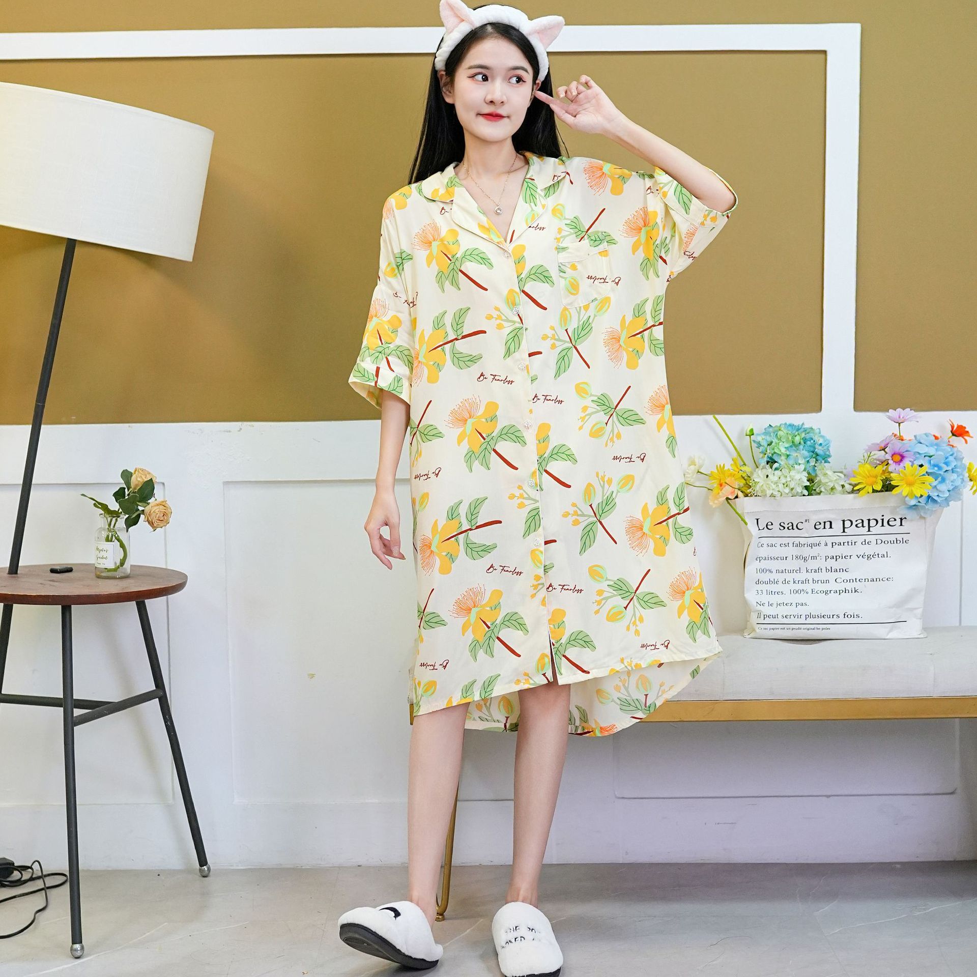 New Poplin Pajamas Women's Spring and Summer Korean Style Large Size Long Pyjamas Cardigan Half Sleeve Lapel Homewear