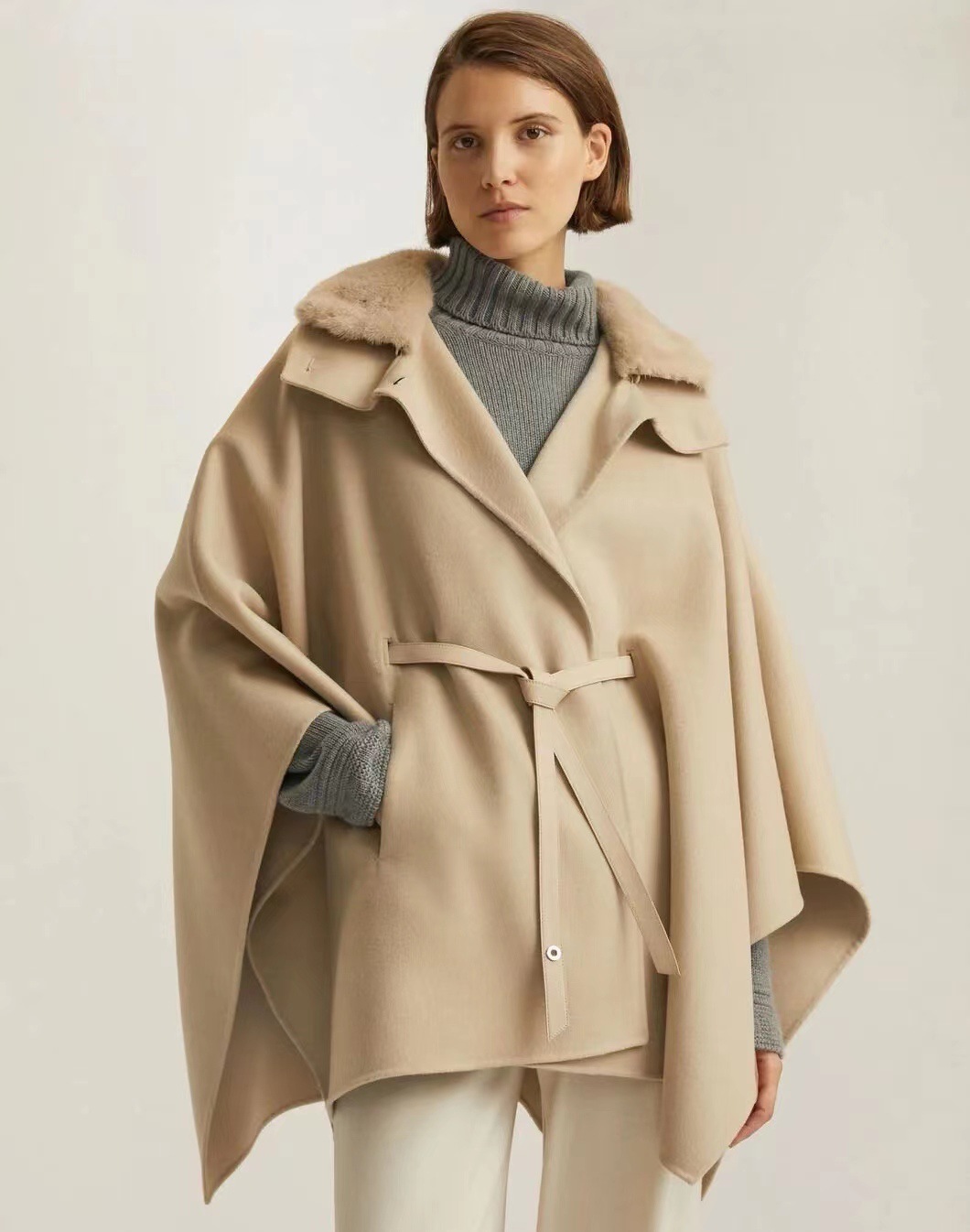 lp双面山羊绒大衣女毛呢外套水貂袖领斗篷羊毛羊绒大衣毛呢外套女