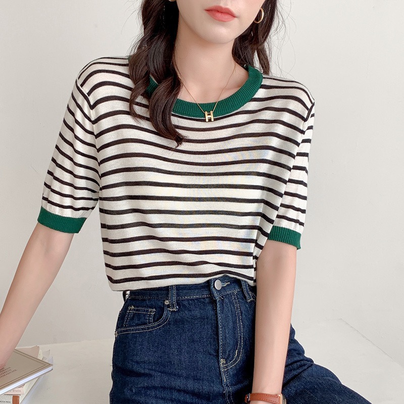 冰丝短袖针织衫女薄款条纹t恤大码韩版打底夏季半袖短款别致上衣