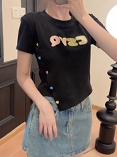新款24夏季小个子日系甜美字母刺绣重工艺短袖T恤女短款修身百搭