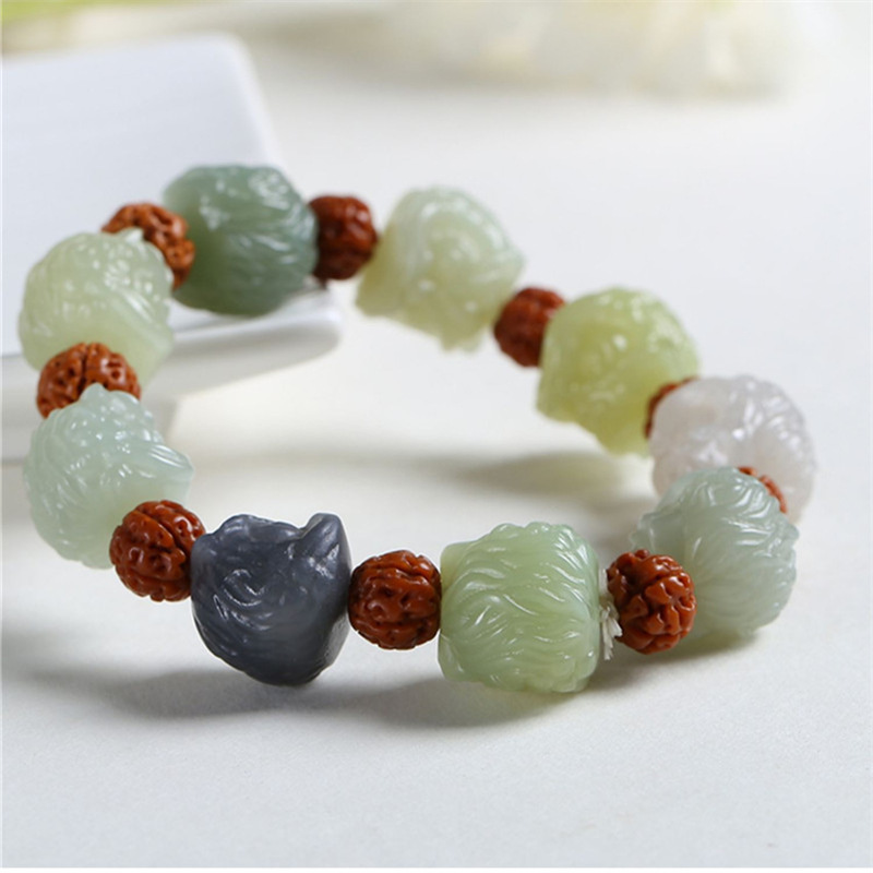 天然新疆和田玉事事如意手链多宝醒狮男女款狮子头玉石手串批发