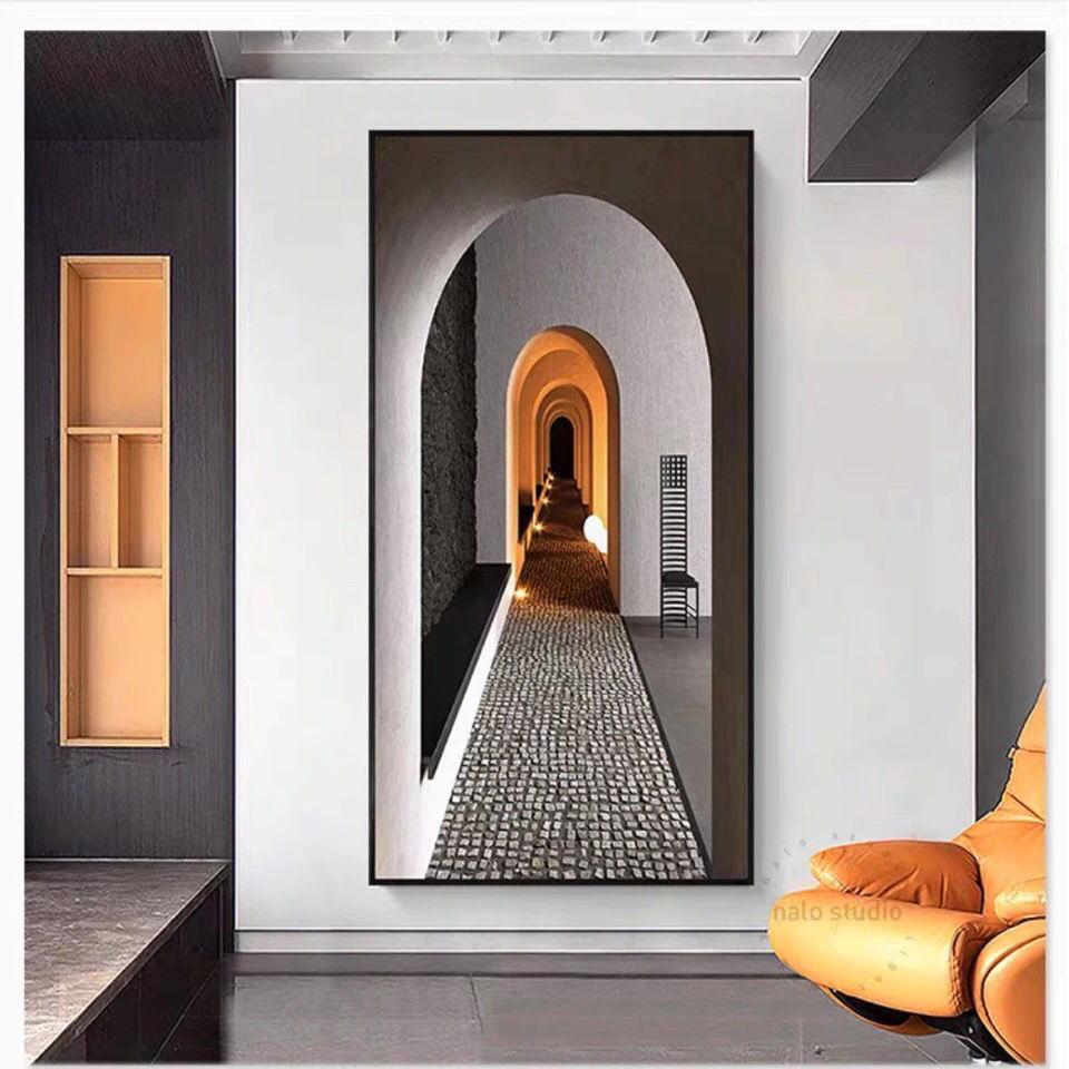 走廊尽头挂画视觉延伸空间感简约客厅过道壁画铝合金框装饰画