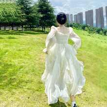 一罐杏仁桃法式白色连衣裙春夏长袖设计感小众仙气网纱长裙仙女裙