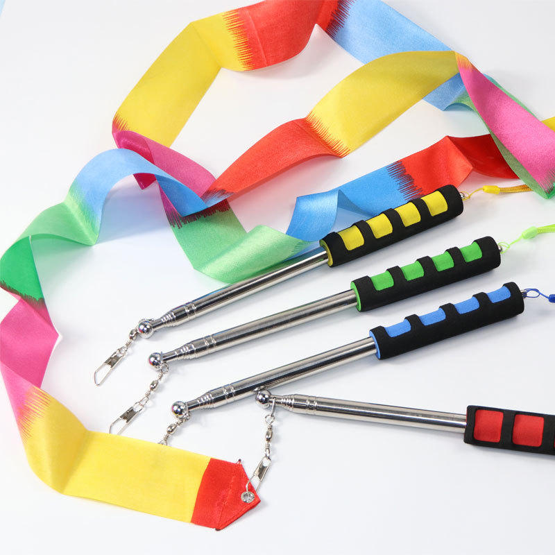 2米长彩带杆伸缩杆 广场舞体操彩带杆七彩彩带条彩绸舞龙