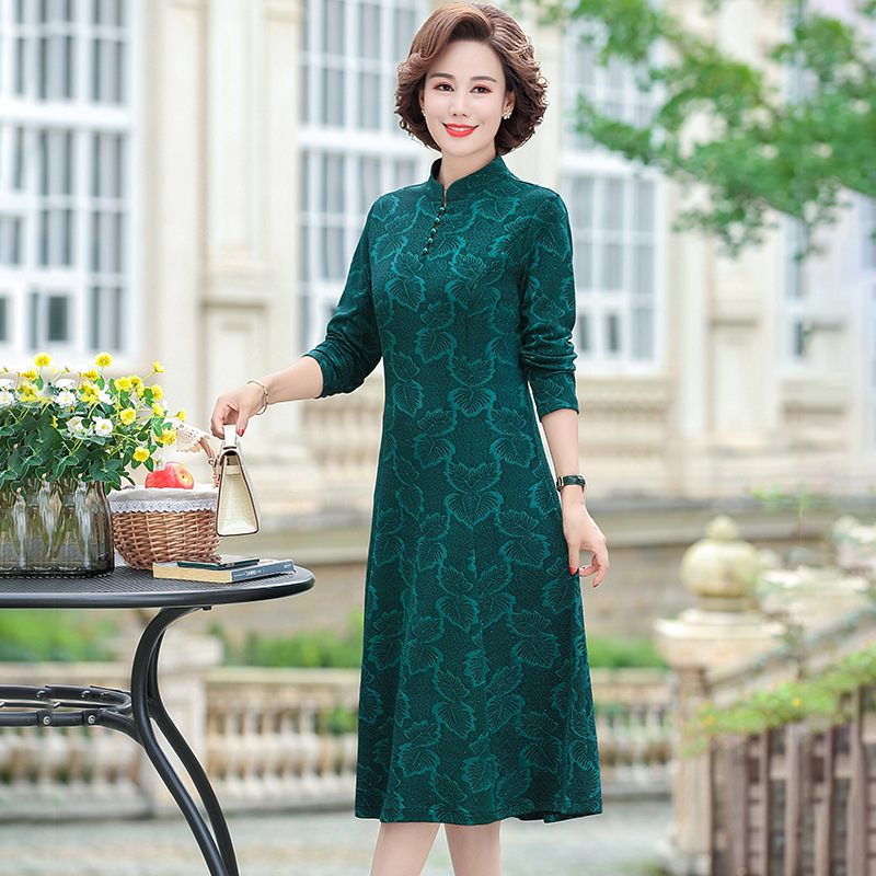中年妈妈秋冬装长袖连衣裙中长款洋气中老年女旗袍领长裙子
