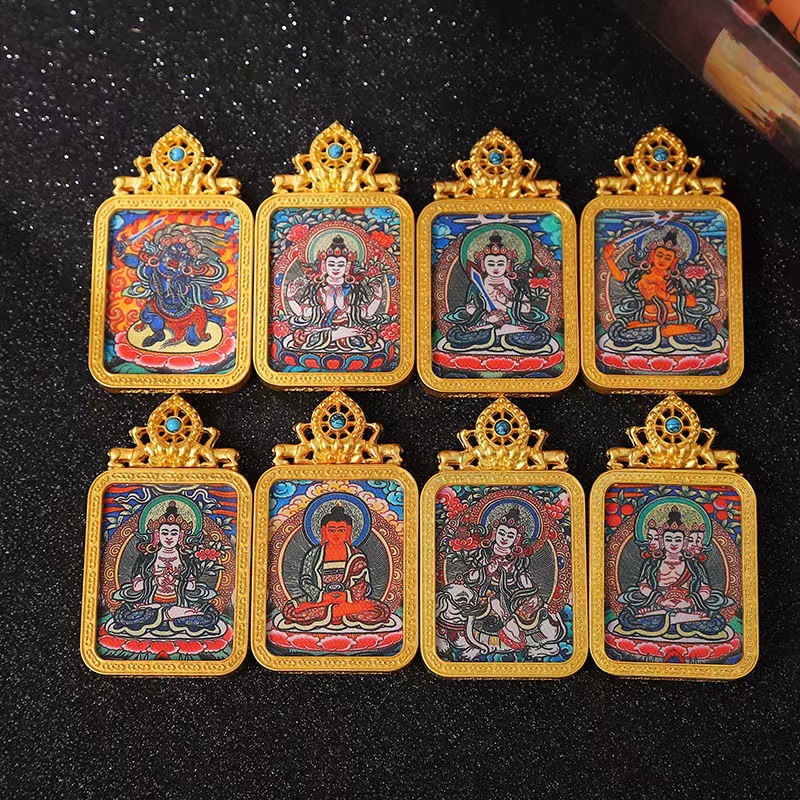 唐卡双鹿八大守护神千手观音普贤文殊菩萨唐卡带绿松石吊坠送挂绳