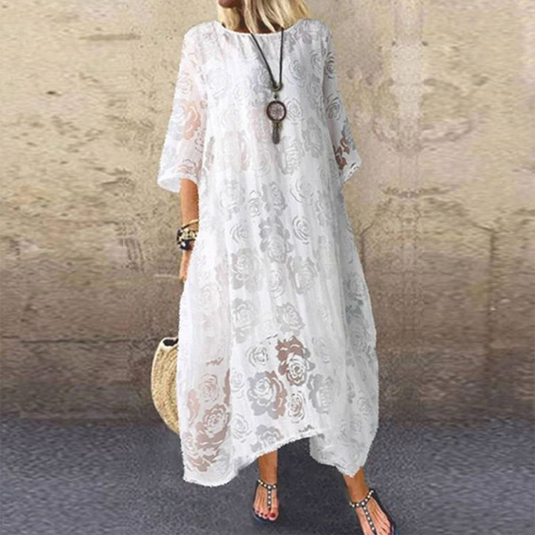2022 Summer European and American New Popular Amazon Independent Station round Neck Short Sleeve Lace Long Dress Lace Casual Skirt