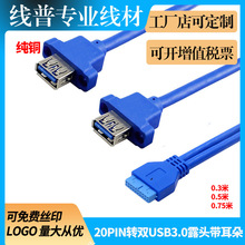 纯铜线芯 机柜机箱设备带耳朵固定20PIN转USB3.0母连接线 20孔母