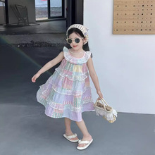 韩国童装女童连衣裙2024夏装裙子荷叶领吊带蕾丝拼接公主裙蛋糕裙