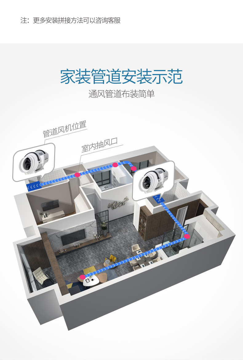 单向流吊顶新风机 圆形卫生间排风换气扇 家用斜流增压管道风机