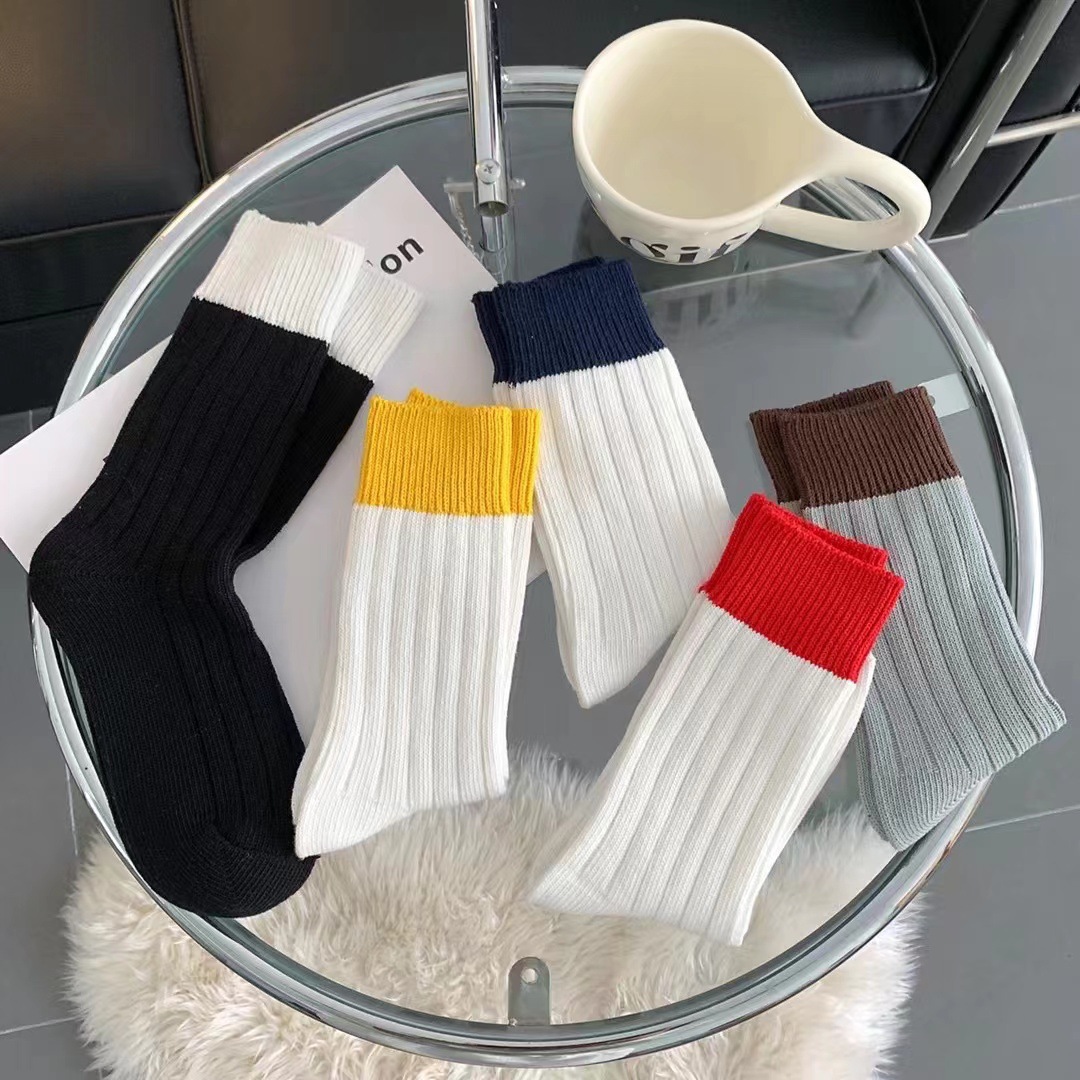 日系潮牌撞色粗针粗线中筒袜网红工装风个性潮袜男女简约运动袜