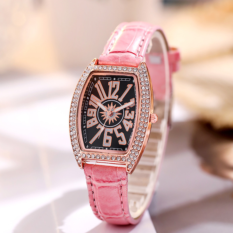 Tik Tok Live Stream Foreign Trade Xi Yin New Belt Women's Watch Diamond Tonneau Large Digital Faceted Watch Women