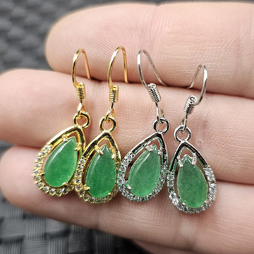 碧绿色水滴玉石耳环石英岩玉水滴镶钻耳环菠菜绿耳环玉耳坠耳饰