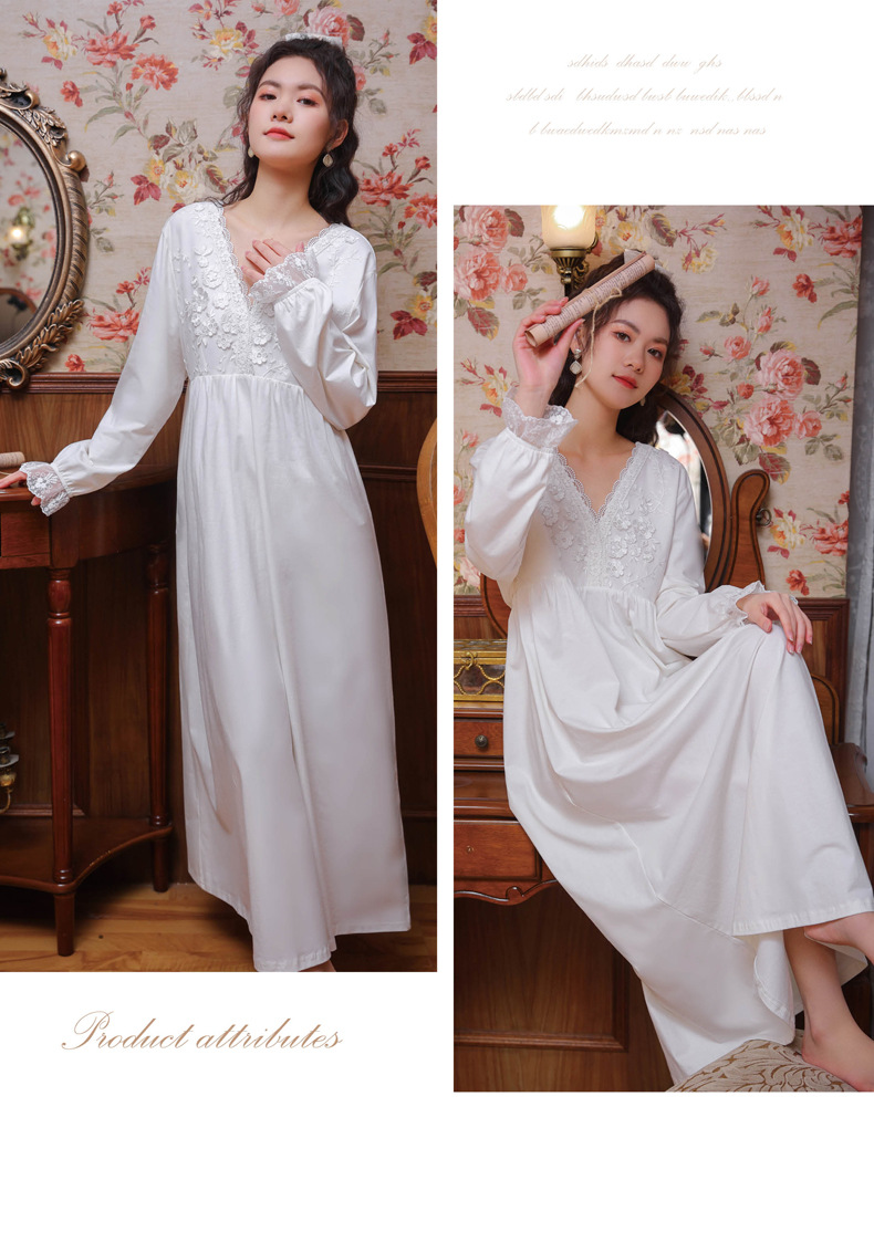 春夏宫廷公主风睡裙女长款刺绣睡衣长袖长裙甜美性感棉秋家居服