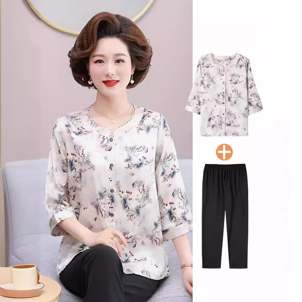 中老年人夏装女真丝衬衫妈妈款夏季中袖上衣60岁70奶奶七分袖套装