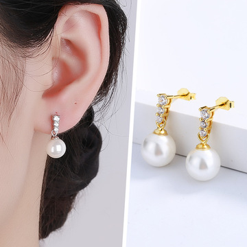 长款锆石珍珠耳环女法式气质一字耳钉925纯银耳坠设计感流苏饰品